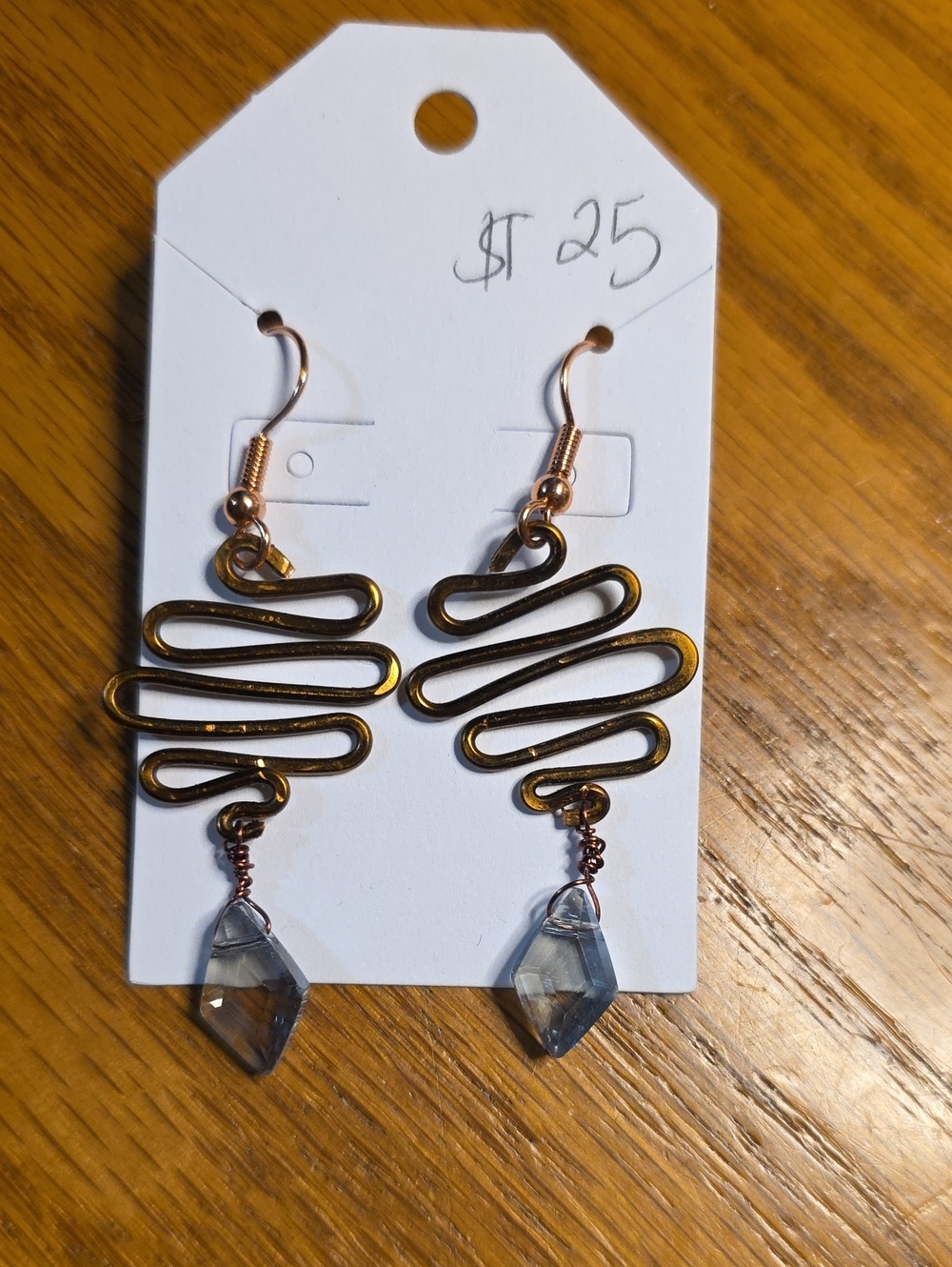Handcrafted Copper Wire Swirl Earrings with Gray Crystal Drop